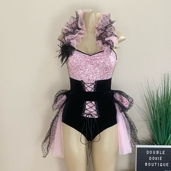 WEISSMAN | Pink And Black Bodysuit And Bustle Dance Outfit Sz M